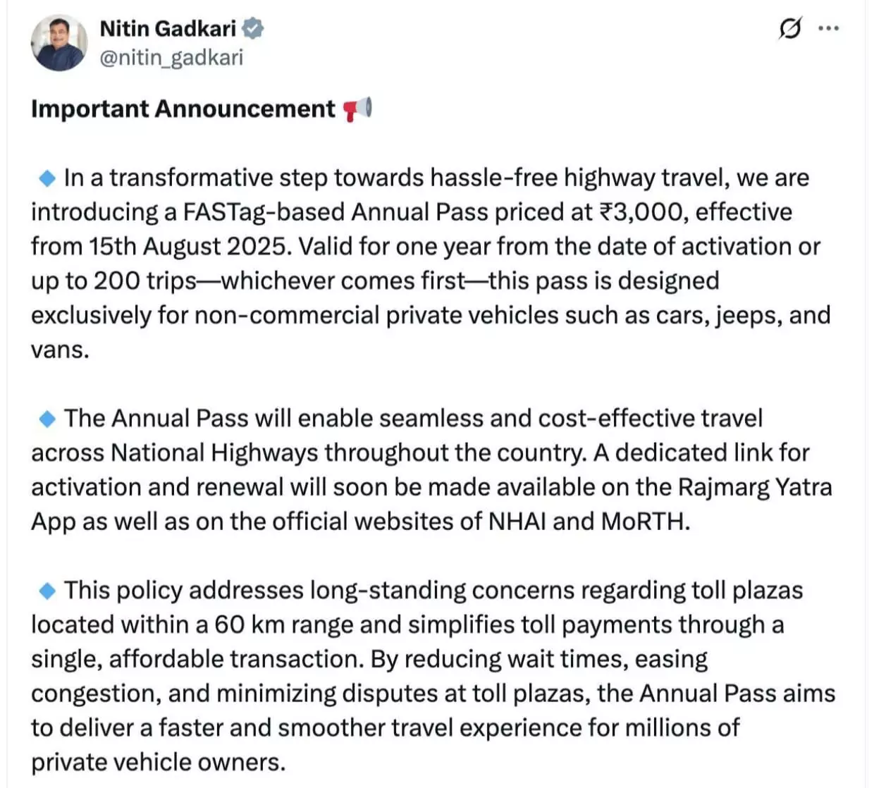 Drive Free on Highways with New ₹3,000 FASTag Pass, Says Gadkari