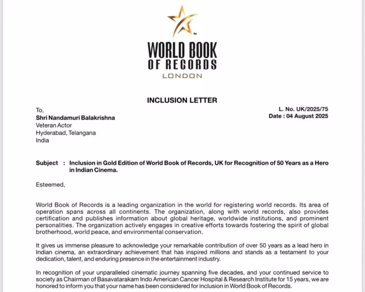 Nandamuri Balakrishna Honored with World Book of Records Recognition Nandamuri Balakrishna Honored with World Book of Records Recognition