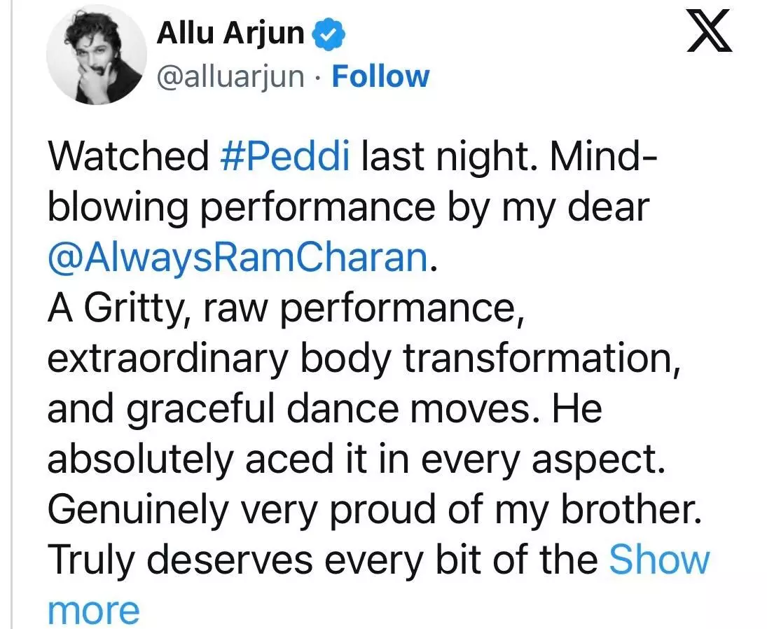 Proud of Ram Charan: Allu Arjuns Review of Peddi Goes Viral Proud of Ram Charan: Allu Arjuns Review of Peddi Goes Viral